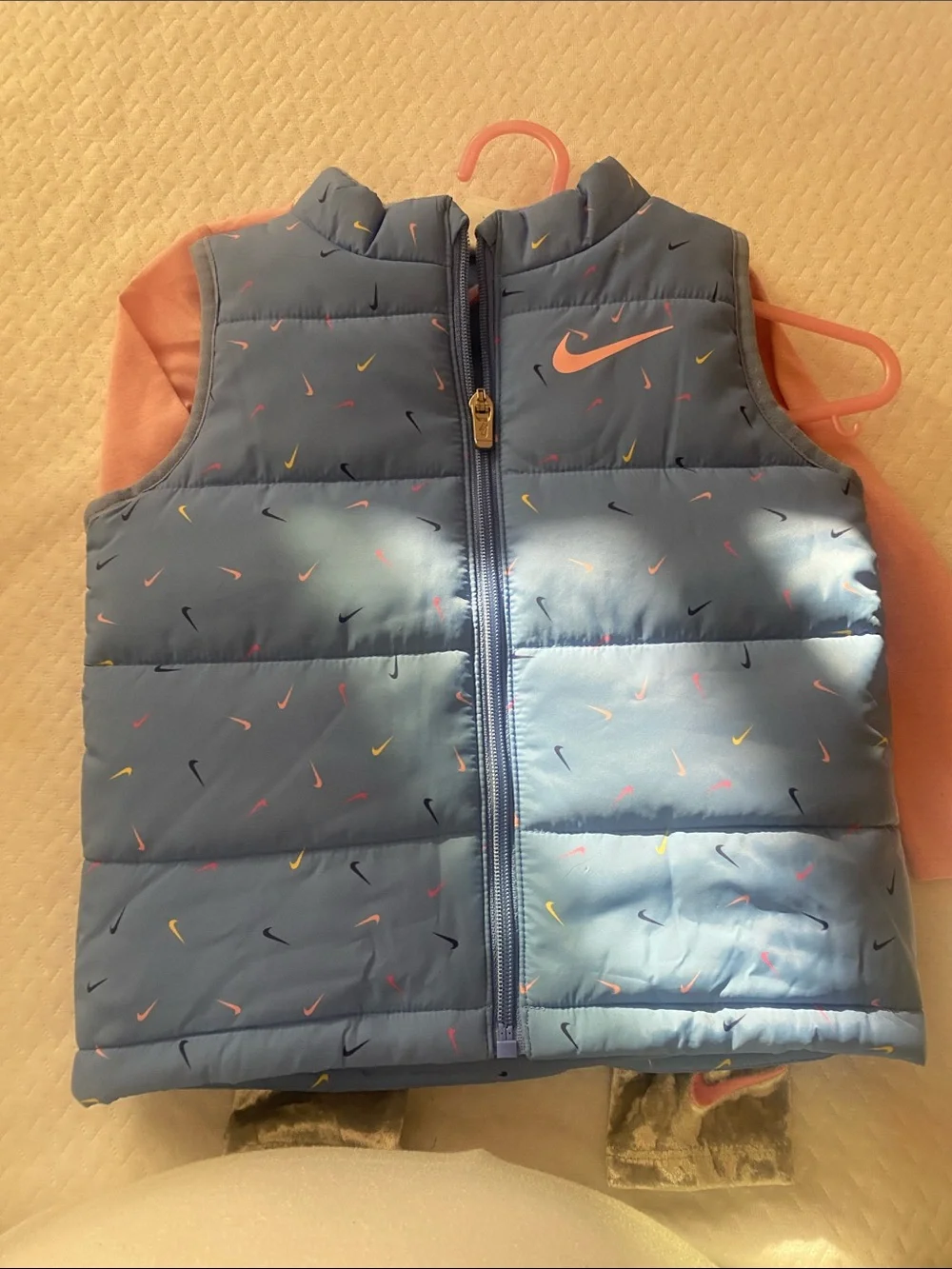 Nike Pink Long Sleeve Top with Silver Velvet Leggings and matching winter vest